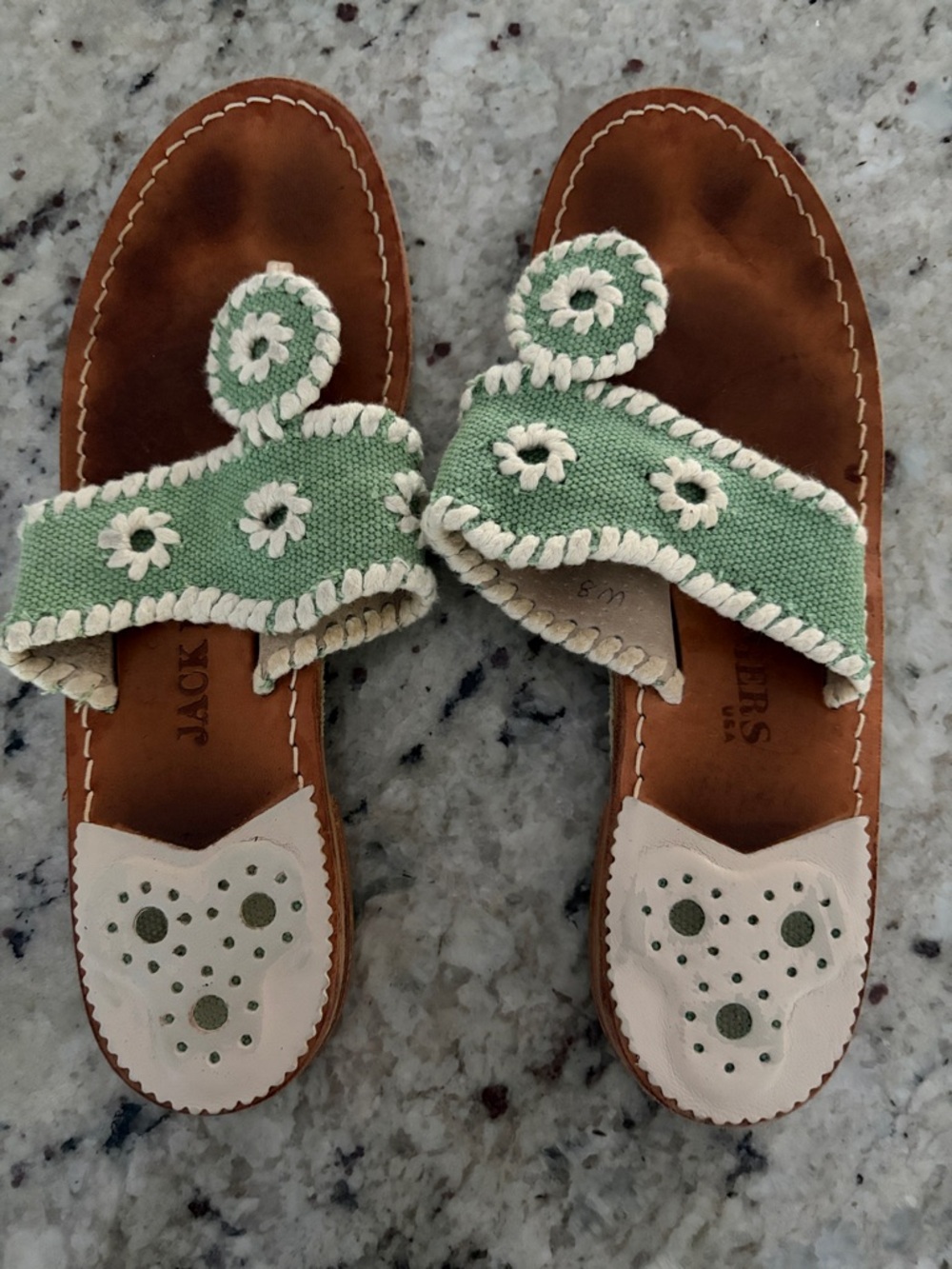 Jack Rogers Mint Green Crochet Slide Sandals with Cream Trim